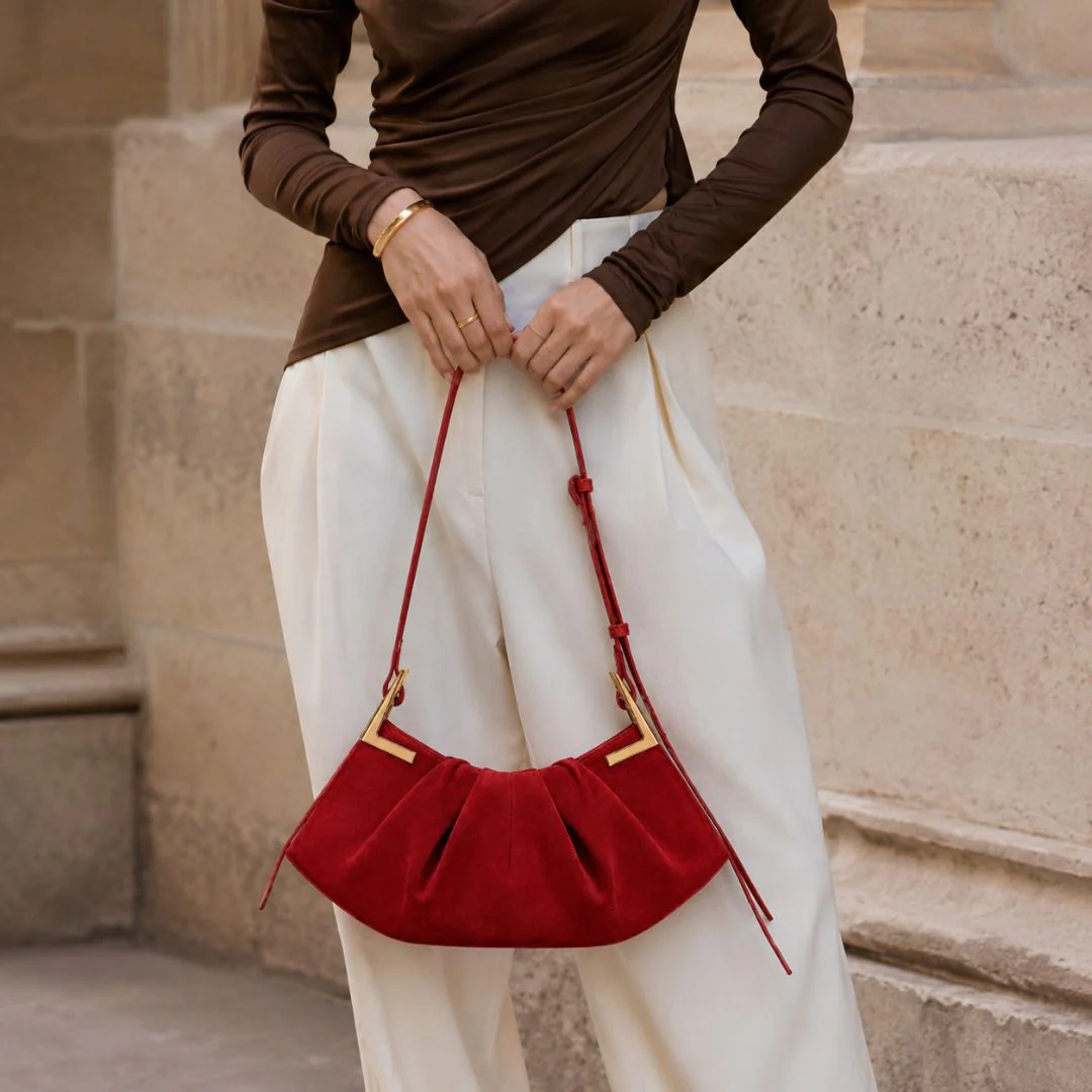 Talia Pleated Suede Handbag - Image 8